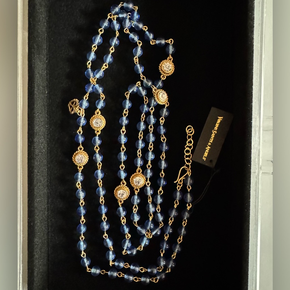 Virgins Saints & Angels 45” Blue Crystal Rosary Wrap Necklace NWT